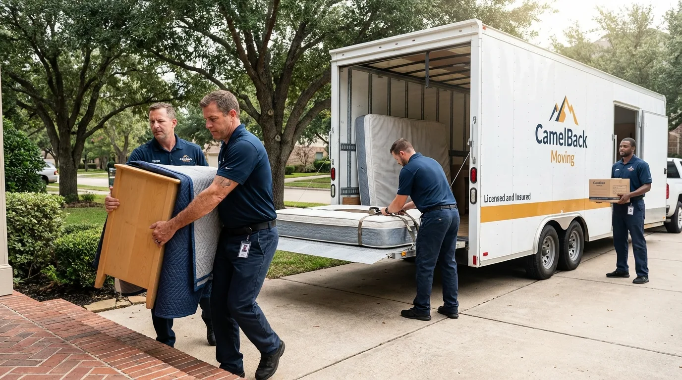 Crew loading residential truck for cross-state move from San Jacinto, CA