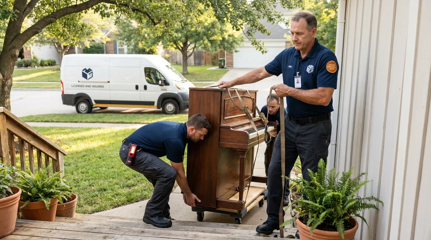 Licensed piano movers securing grand piano in San Jacinto, CA