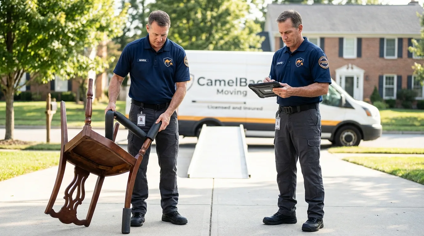 Movers inspecting furniture for damage prevention before loading in San Jacinto, CA