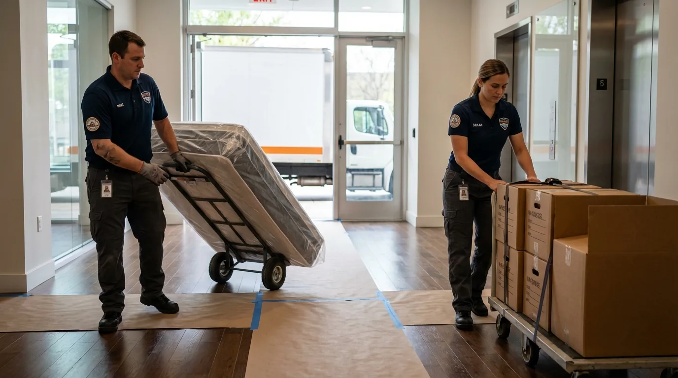 Professional apartment movers loading elevator in San Jacinto, CA
