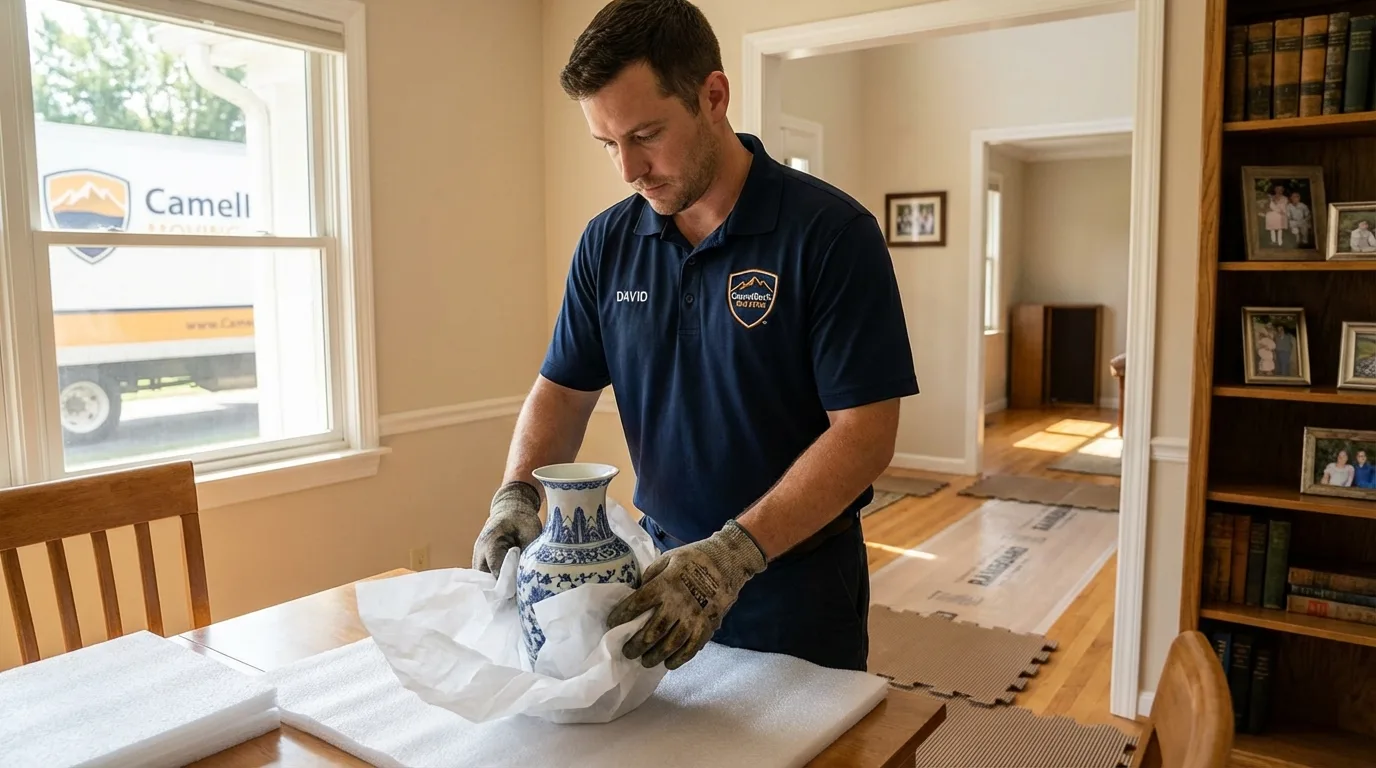 Professional crew carefully wrapping antique vase for senior downsizing move in San Jacinto, CA